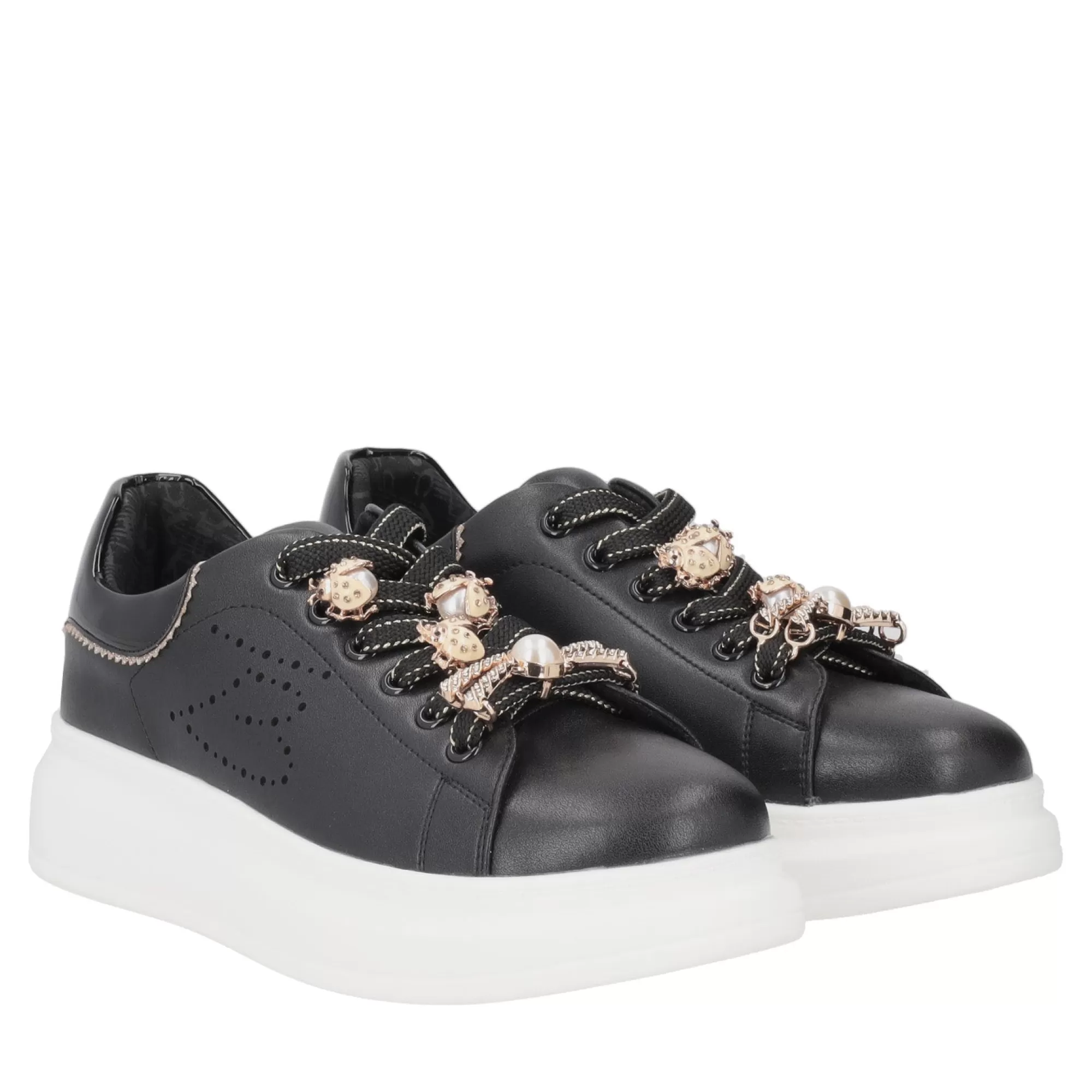 Sneakers*Tosca Blu Sneaker "Allison" In Nappa Nera Con Lacci In Lurex Nero