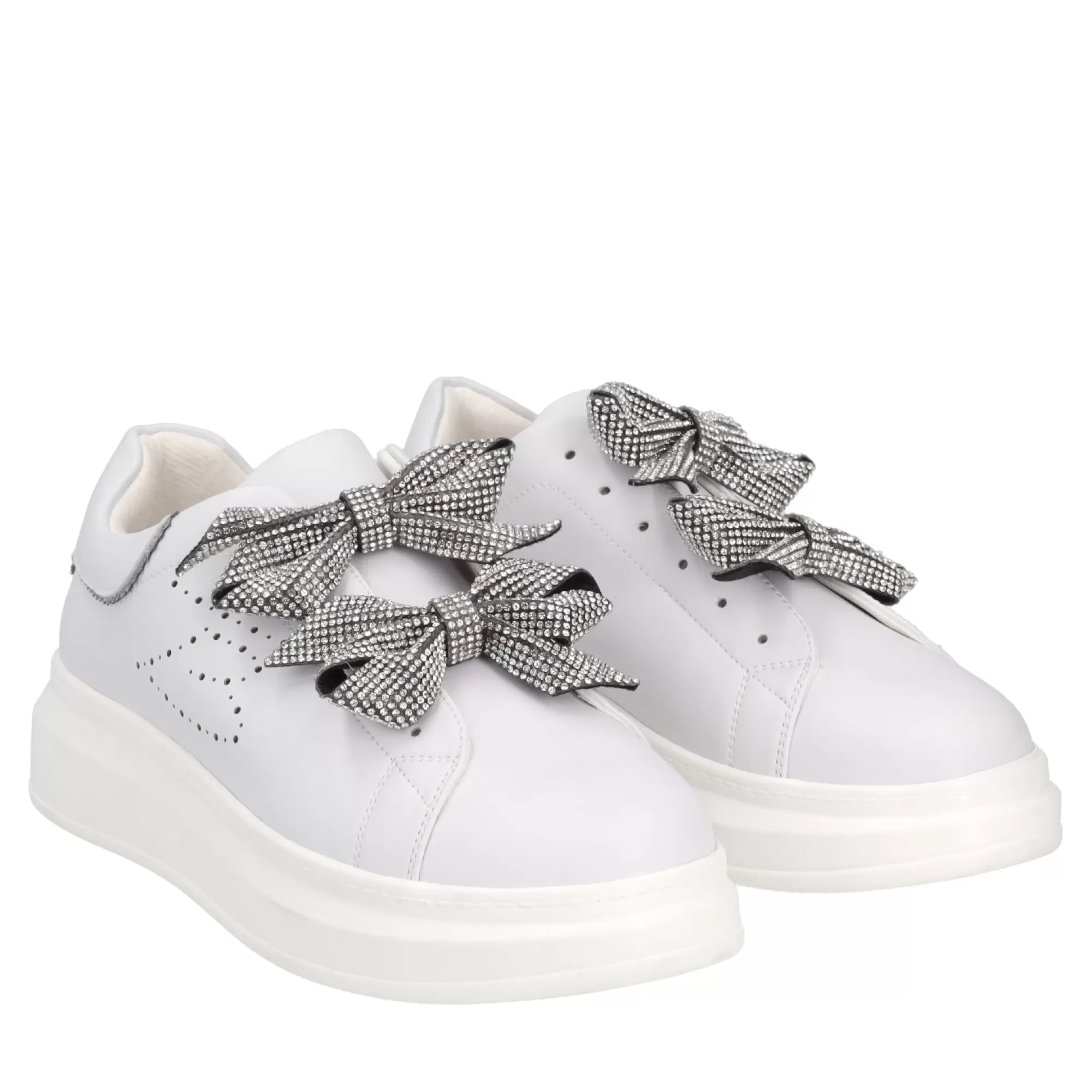 Sneakers*Tosca Blu Sneaker "Blues" Bianca E In 100% Pelle Con Doppio Fiocco Argento