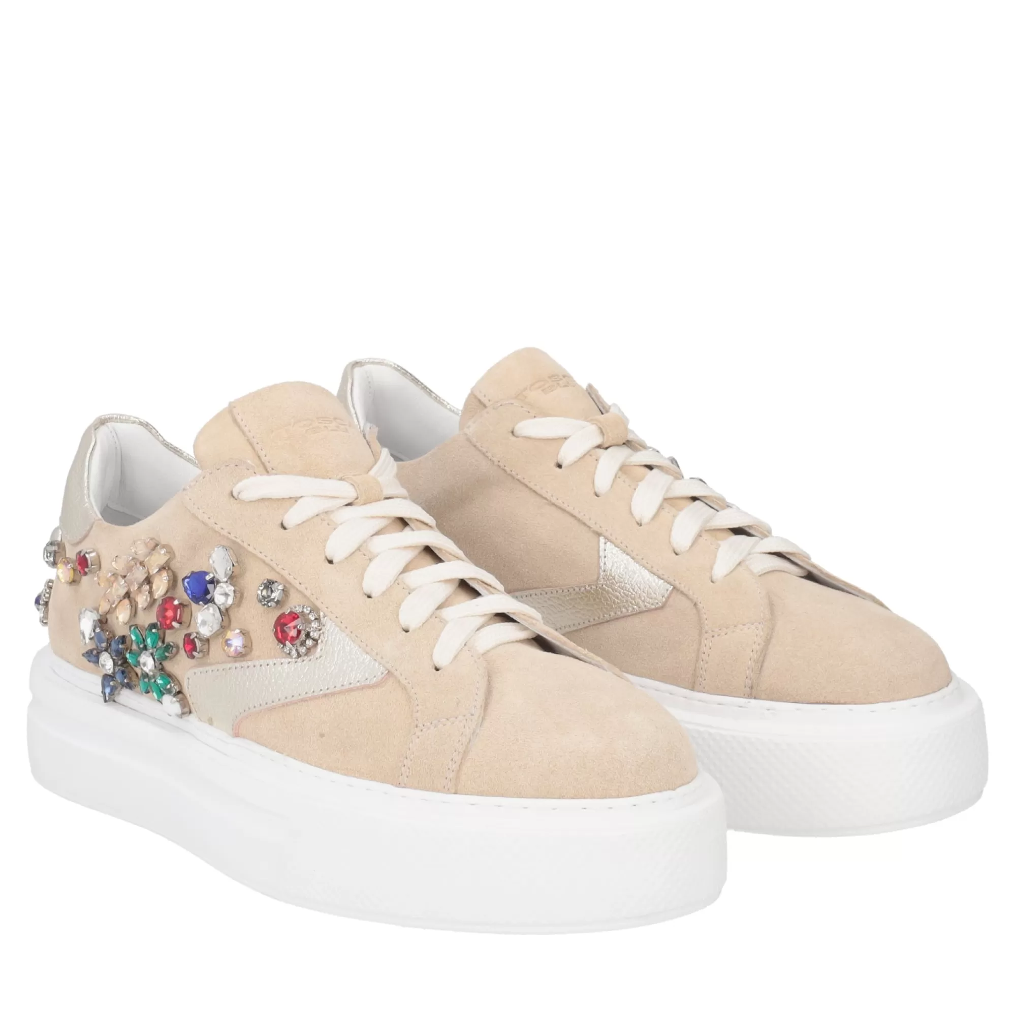 Sneakers*Tosca Blu Sneaker "Dance" Beige In Pelle Scamosciata Con Strass Gioiello Naturale