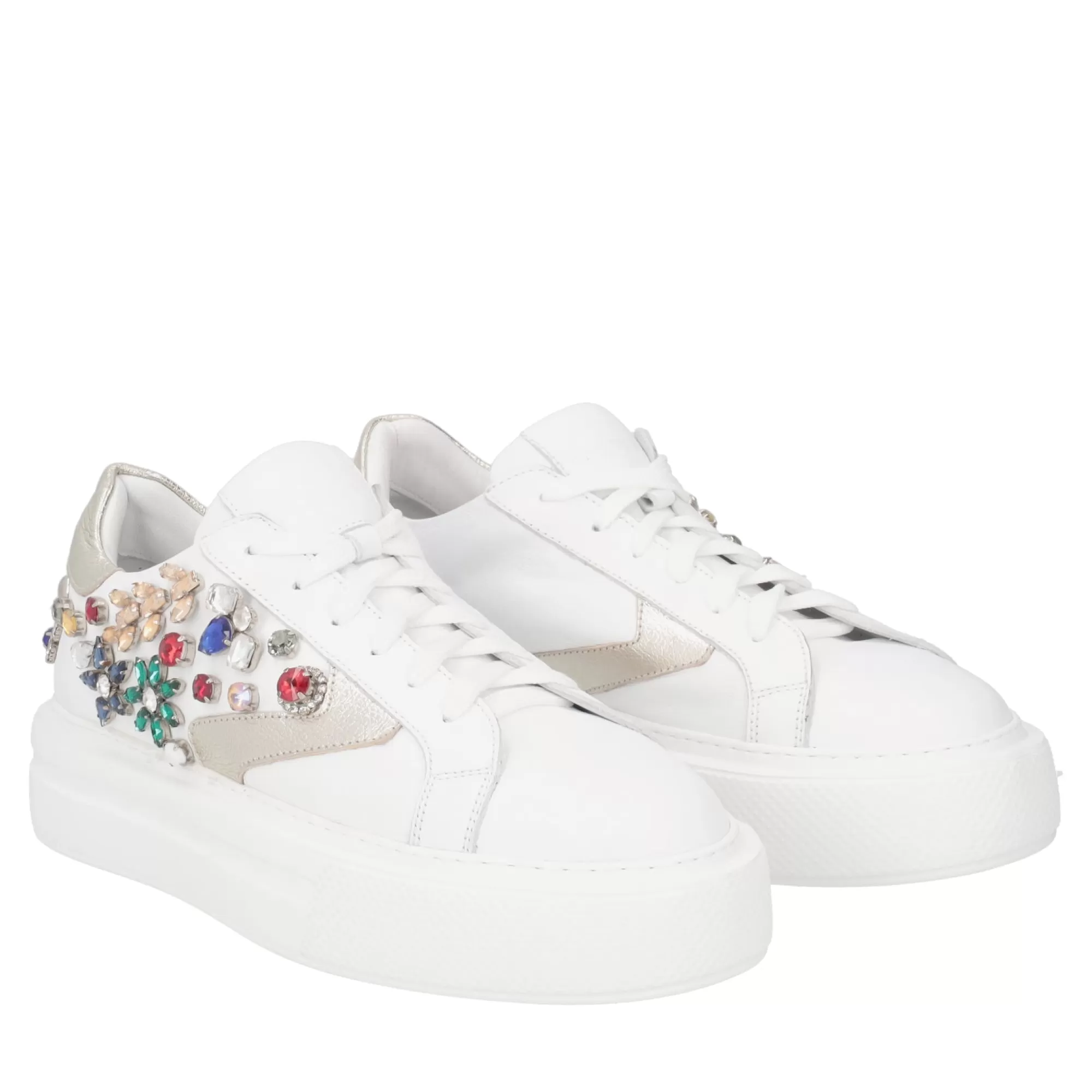 Sneakers*Tosca Blu Sneaker "Dance" Bianca In Pelle Con Strass Gioiello Bianco